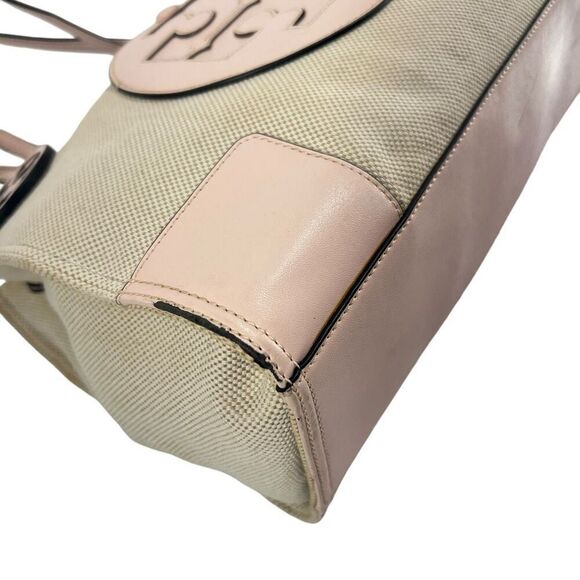 Tory Burch Tote Bag Canvas w Leather trim Beige & Pink Ella Model - Picture 6 of 9